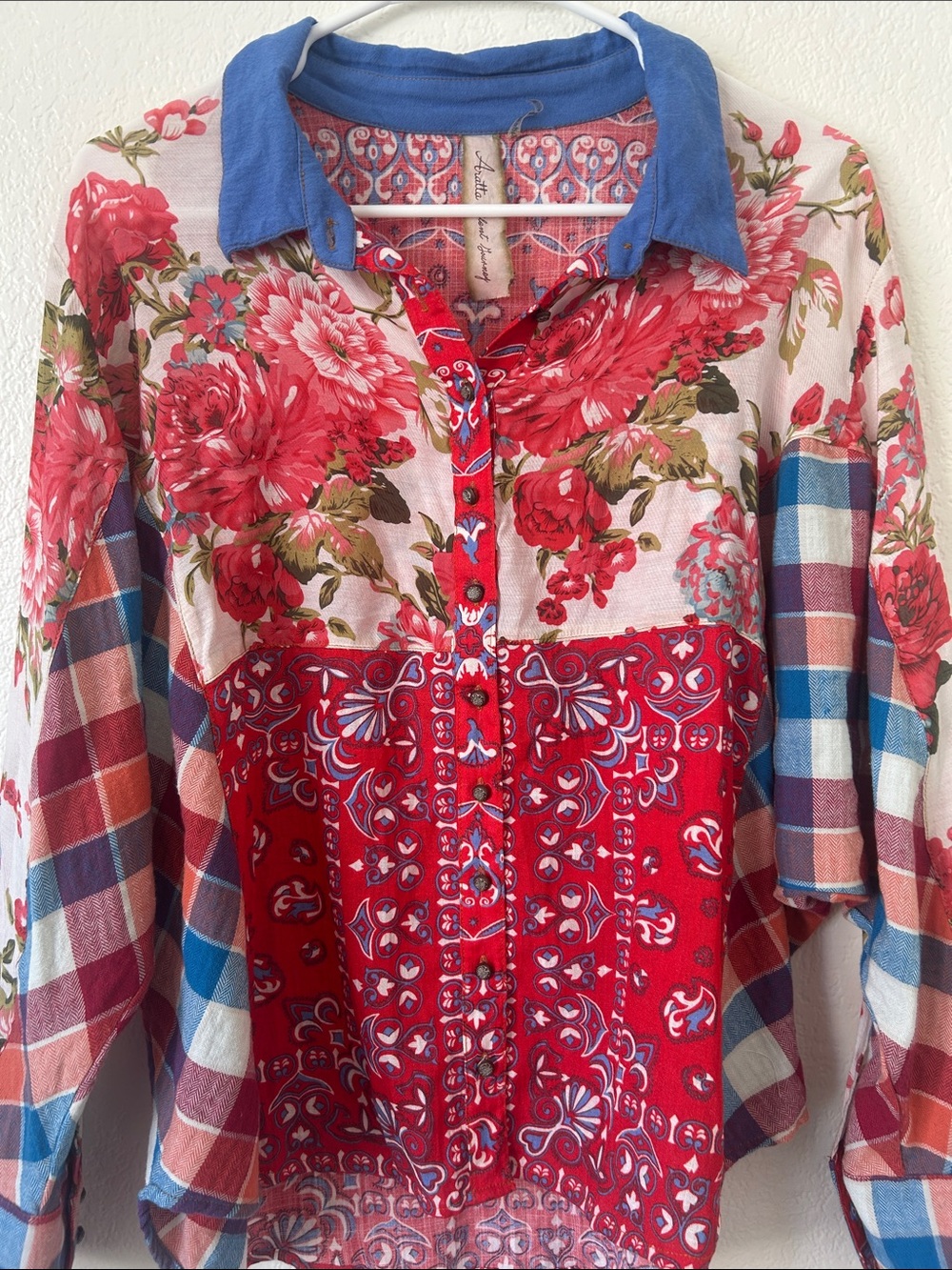 Mixed-Print Floral & Plaid Button-Up Blouse - Red/Blue - Picture 5 of 10